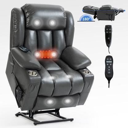 Grey Dual Motor Power Lift Recliner with 8-Point Massage, Lumbar Heating, Stainless Steel Cup Holders, and Side Pockets