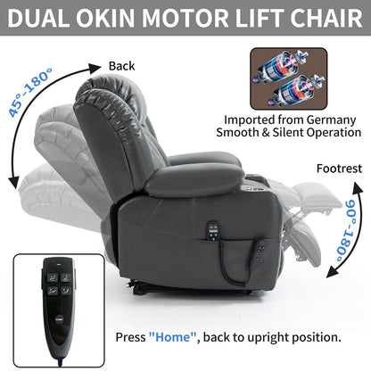 Grey Dual Motor Power Lift Recliner with 8-Point Massage, Lumbar Heating, Stainless Steel Cup Holders, and Side Pockets