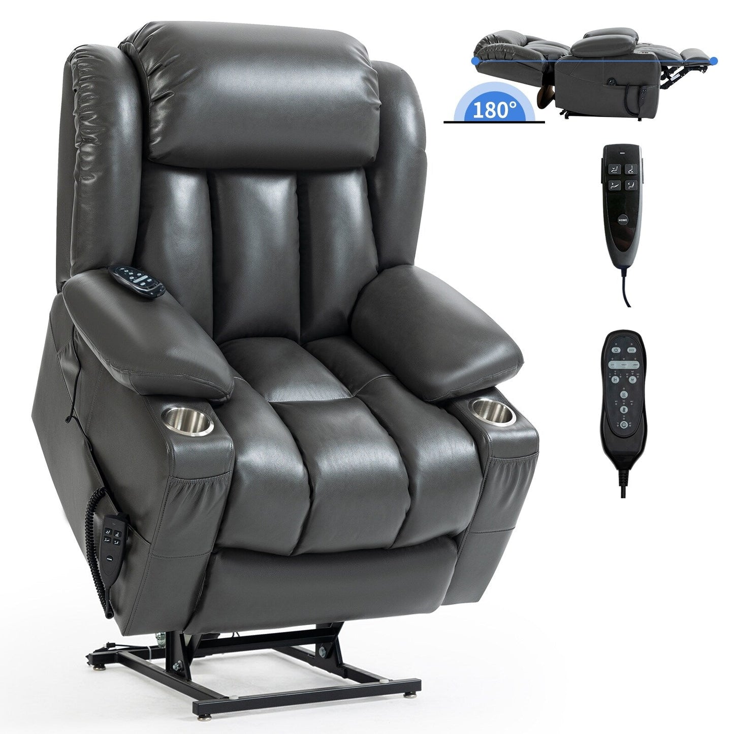 Grey Dual Motor Power Lift Recliner with 8-Point Massage, Lumbar Heating, Stainless Steel Cup Holders, and Side Pockets