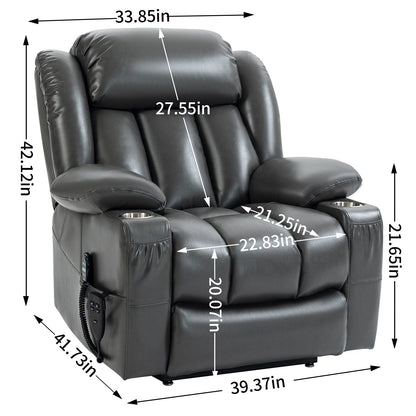 Grey Dual Motor Power Lift Recliner with 8-Point Massage, Lumbar Heating, Stainless Steel Cup Holders, and Side Pockets