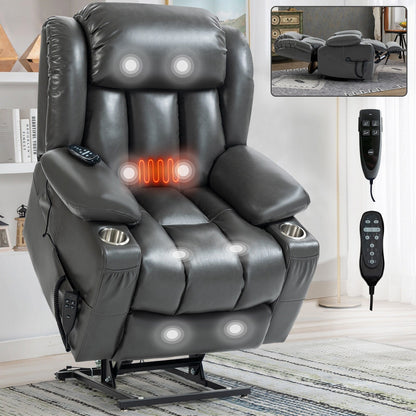 Grey Dual Motor Power Lift Recliner with 8-Point Massage, Lumbar Heating, Stainless Steel Cup Holders, and Storage Pockets