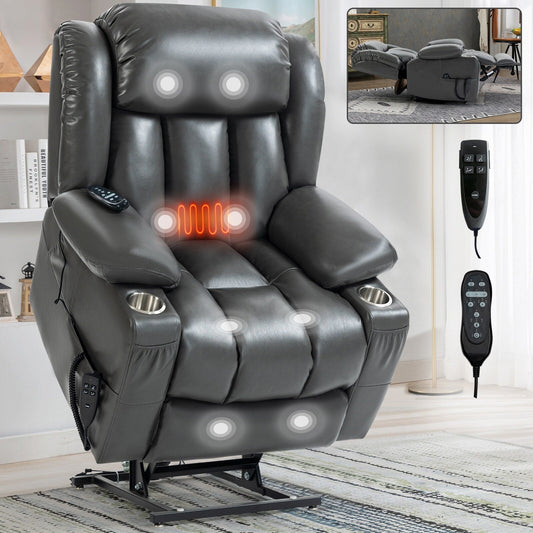 Grey Dual Motor Power Lift Recliner with 8-Point Massage, Lumbar Heating, Stainless Steel Cup Holders, and Storage Pockets