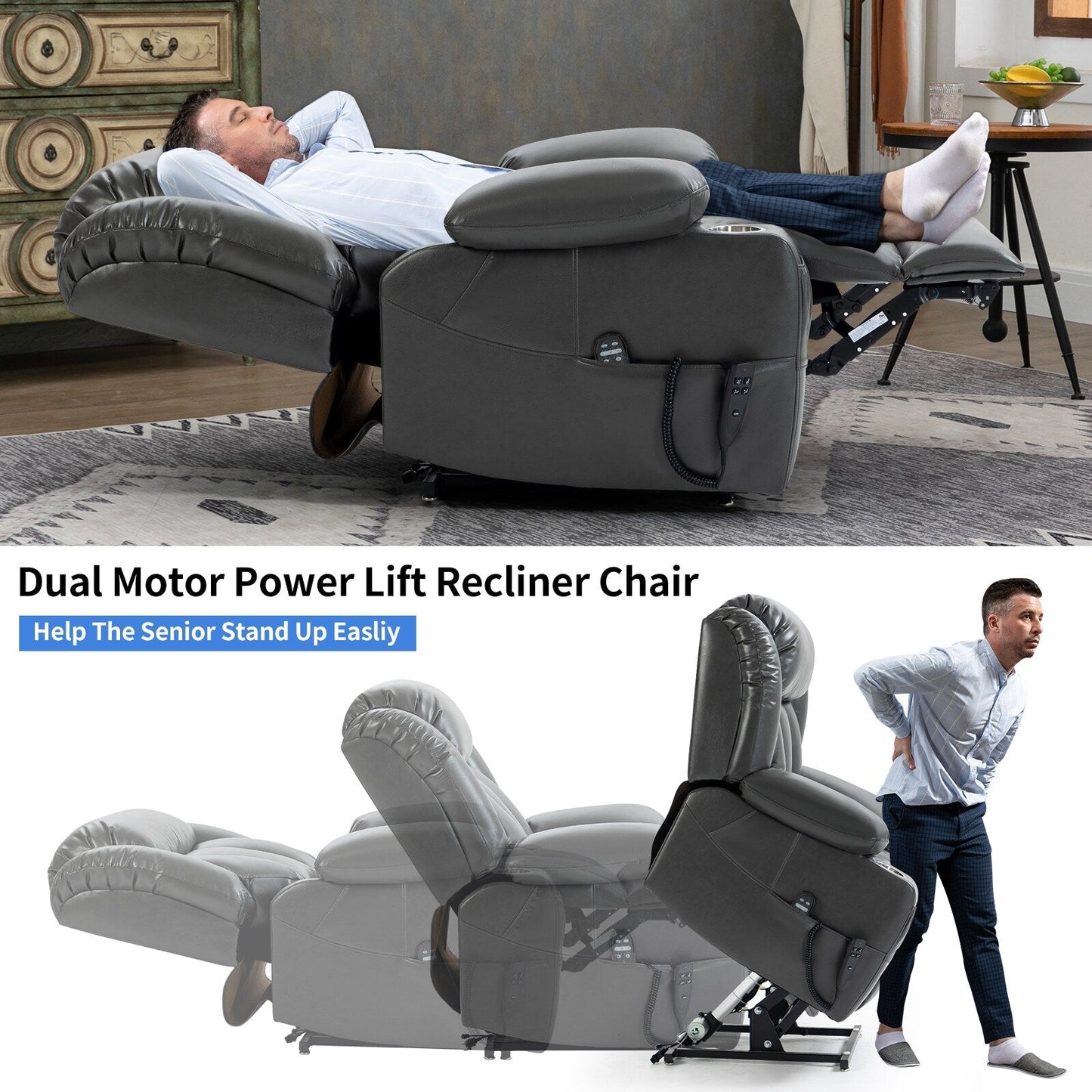 Grey Dual Motor Power Lift Recliner with 8-Point Massage, Lumbar Heating, Stainless Steel Cup Holders, and Storage Pockets