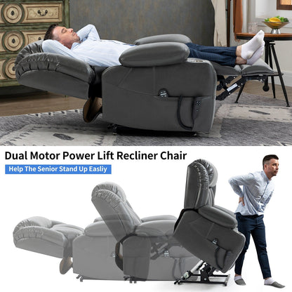 Grey Dual Motor Power Lift Recliner with 8-Point Massage, Lumbar Heating, Stainless Steel Cup Holders, and Storage Pockets
