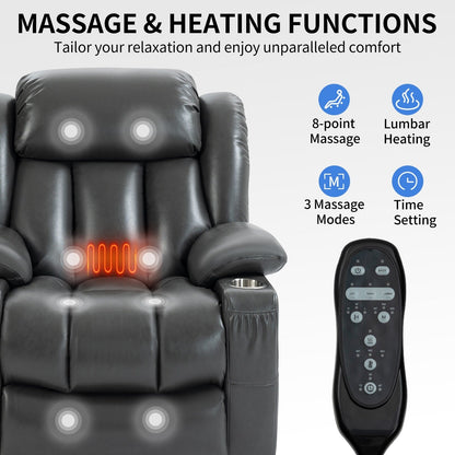 Grey Dual Motor Power Lift Recliner with 8-Point Massage, Lumbar Heating, Stainless Steel Cup Holders, and Storage Pockets