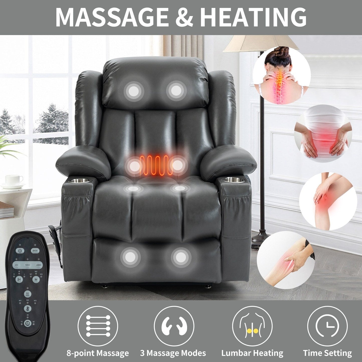 Grey Dual Motor Power Lift Recliner with 8-Point Massage, Lumbar Heating, Stainless Steel Cup Holders, and Storage Pockets