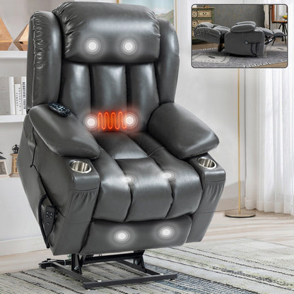 Grey Dual Motor Power Lift Recliner with 8-Point Massage, Lumbar Heating, Stainless Steel Cup Holders, and Storage Pockets