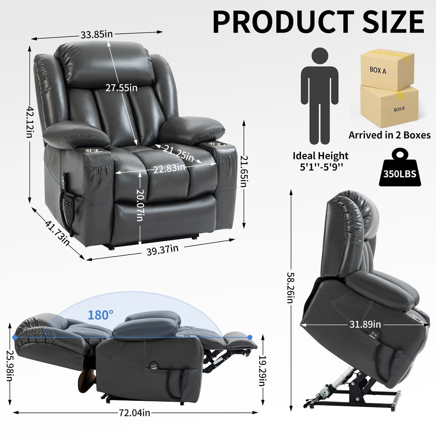 Grey Dual Motor Power Lift Recliner with 8-Point Massage, Lumbar Heating, Stainless Steel Cup Holders, and Storage Pockets