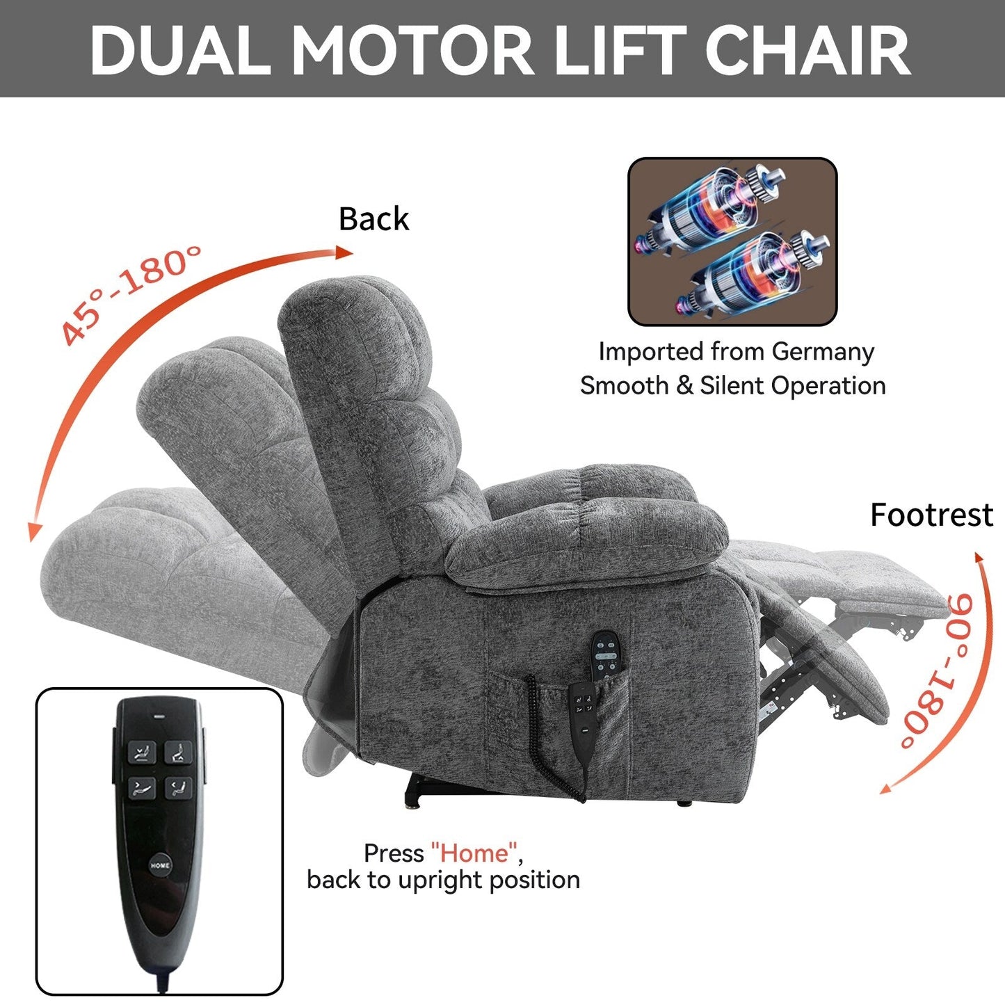 Grey Dual Motor Power Lift Recliner with Massage, Heat, Infinite Reclining, Remote Control, and 350 lbs Capacity