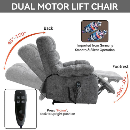 Grey Dual Motor Power Lift Recliner with Massage, Heat, Infinite Reclining, Remote Control, and 350 lbs Capacity