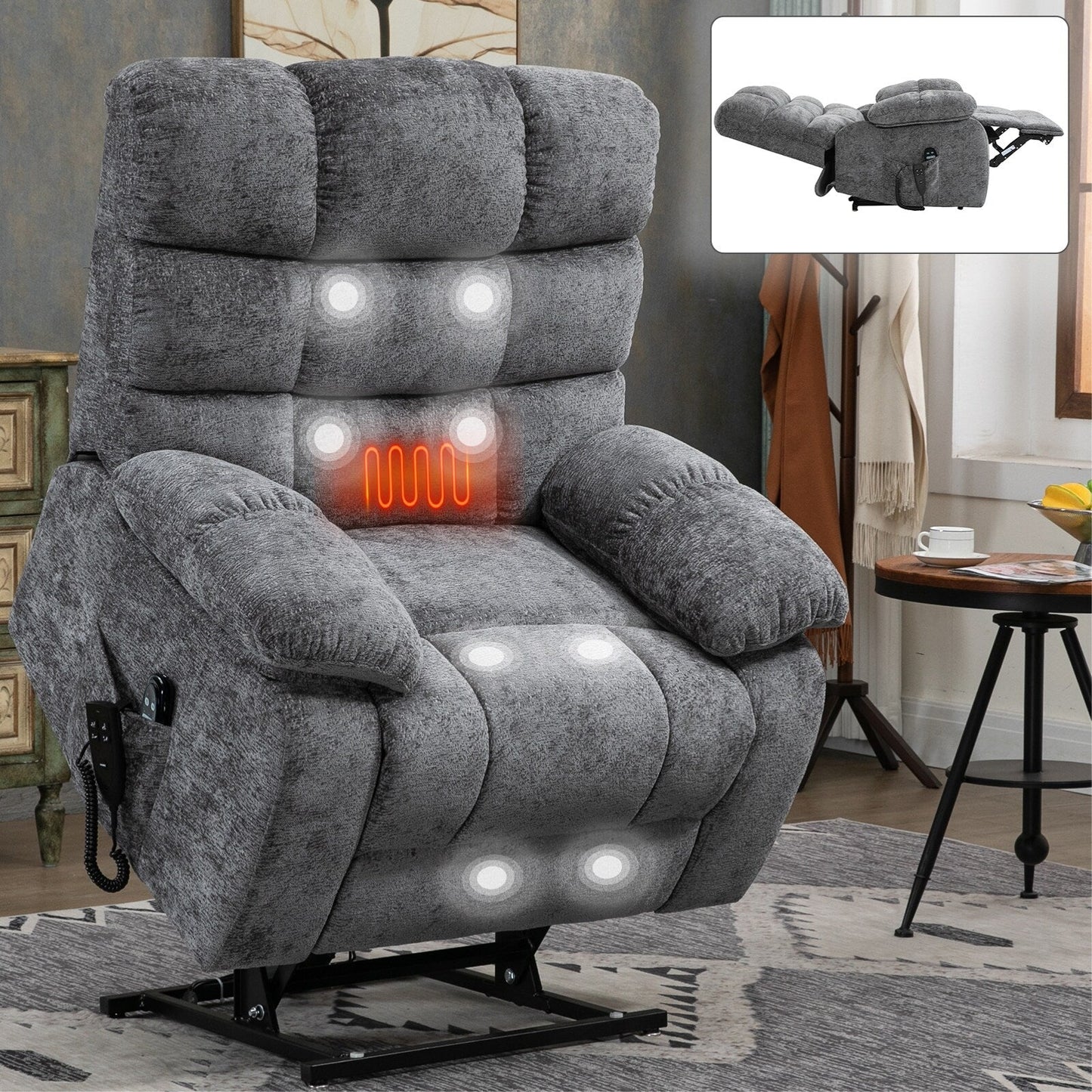 Grey Dual Motor Power Lift Recliner with Massage, Heat, Infinite Reclining, Remote Control, and 350 lbs Capacity