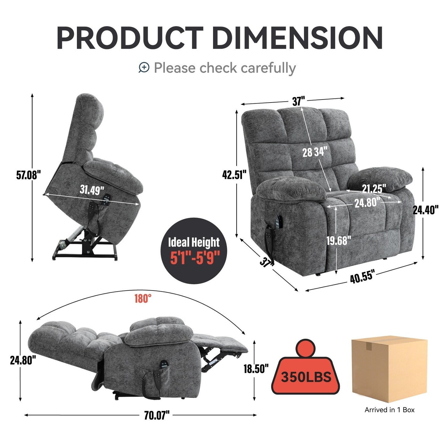 Grey Dual Motor Power Lift Recliner with Massage, Heat, Infinite Reclining, Remote Control, and 350 lbs Capacity