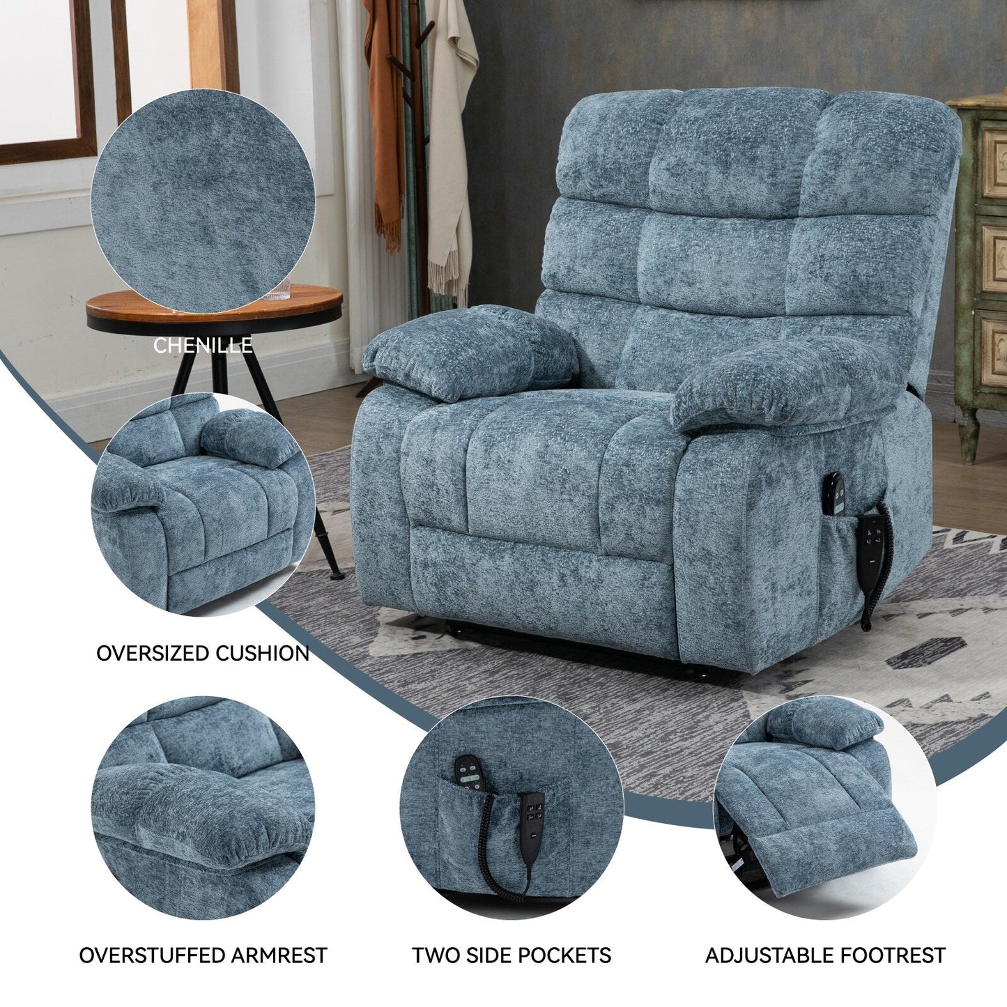 Grey Dual Motor Power Lift Recliner with Massage, Heat, Infinite Reclining, Remote Control, and 350 lbs Capacity