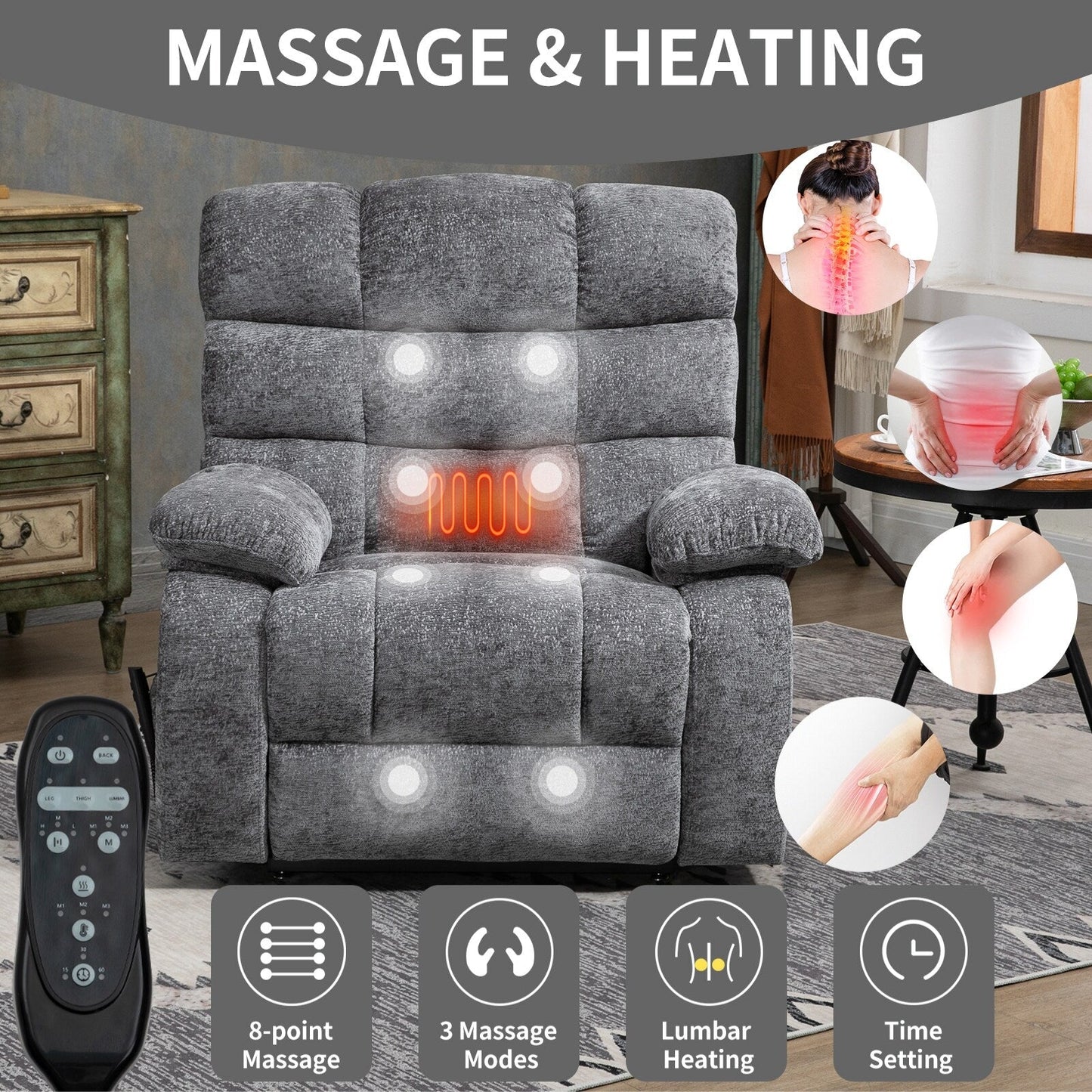 Grey Dual Motor Power Lift Recliner with Massage, Heat, Infinite Reclining, Remote Control, and 350 lbs Capacity