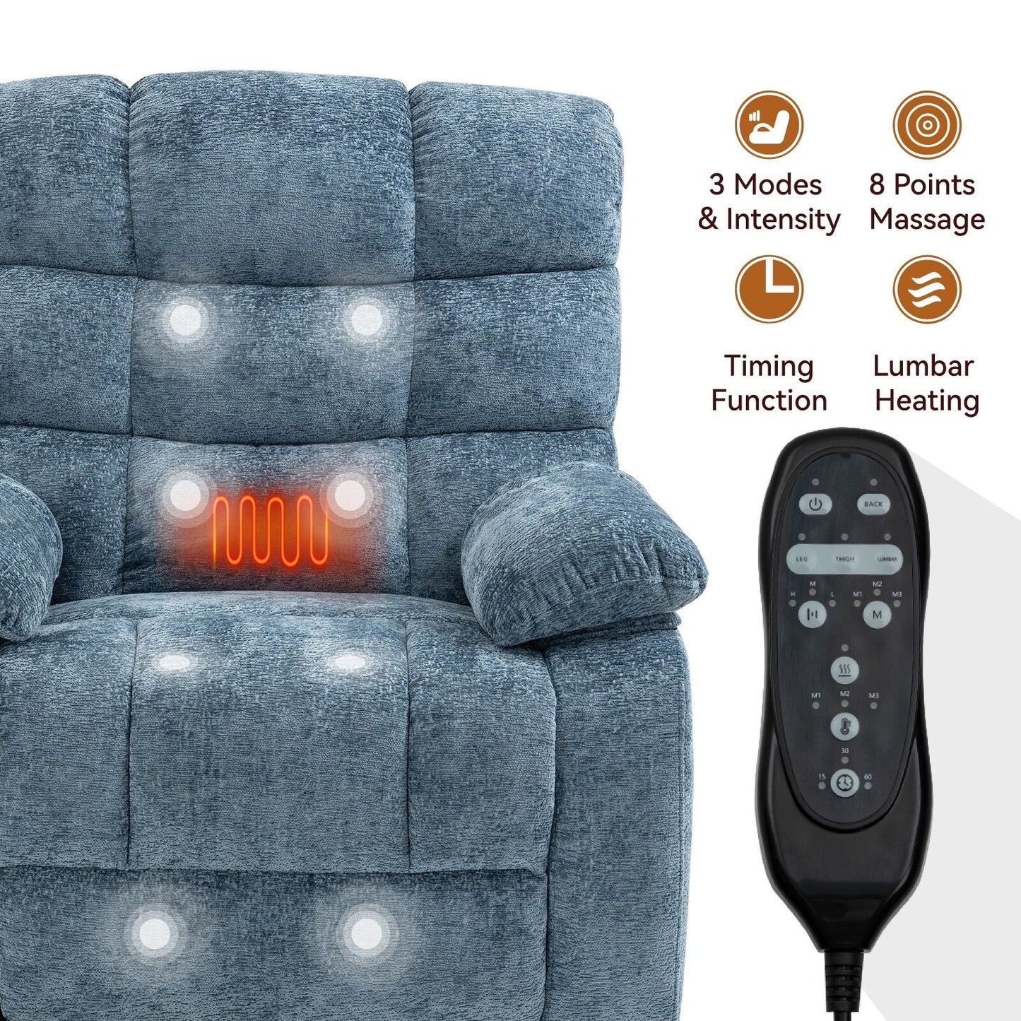 Grey Dual Motor Power Lift Recliner with Massage, Heat, Infinite Reclining, Remote Control, and 350 lbs Capacity