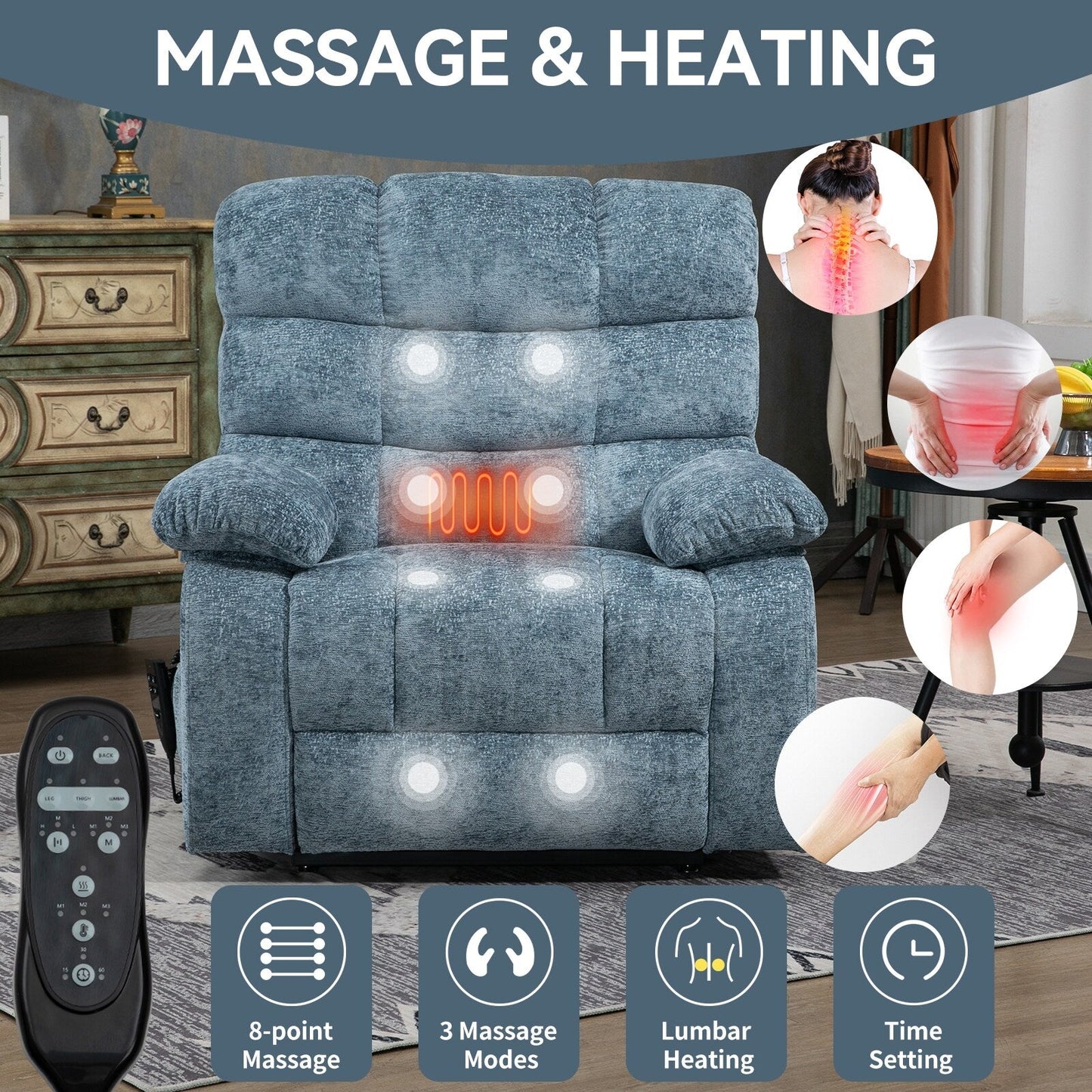 Grey Dual Motor Power Lift Recliner with Massage, Heat, Infinite Reclining, Remote Control, and 350 lbs Capacity