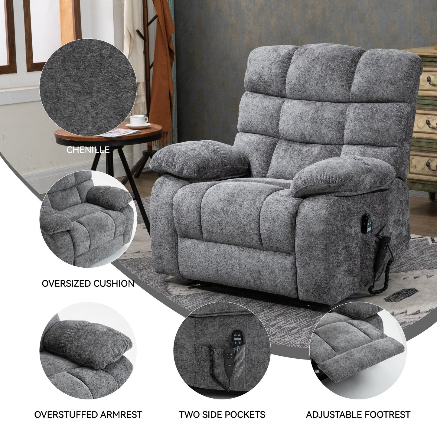 Grey Dual Motor Power Lift Recliner with Massage, Heat, Infinite Reclining, Remote Control, and 350 lbs Capacity