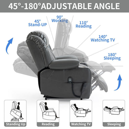Grey Dual Motor Power Lift Recliner with Massage, Heat, and Cup Holders