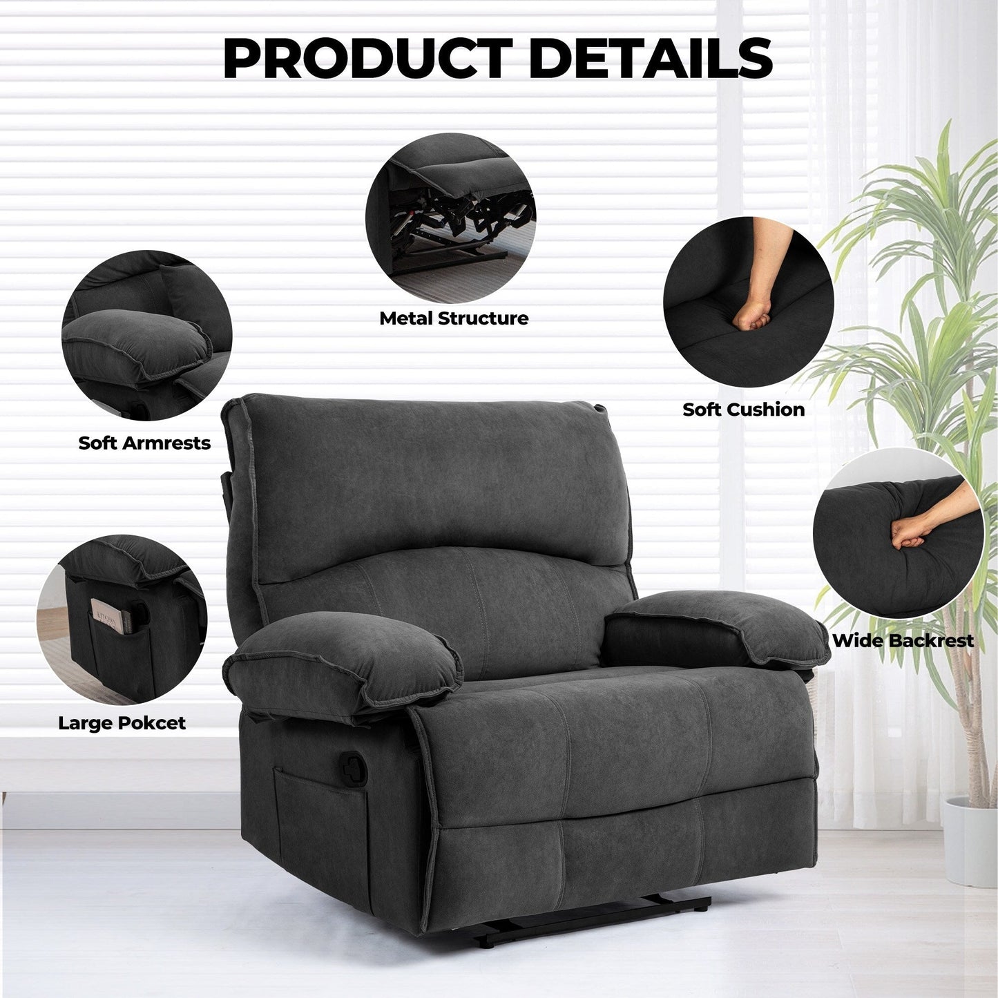 Grey Spacious Push-Back Recliner Sofa Chair with Soft Fleece Upholstery and Heated Massage Pillow for Relaxation