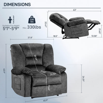 Grey Spacious Recliner Sofa with 8-Point Massage, Lumbar Heat, Adjustable Recline, and Heavy-Duty Frame