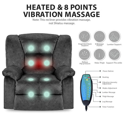 Grey Spacious Recliner with Massage, Lumbar Heating & Heavy Duty