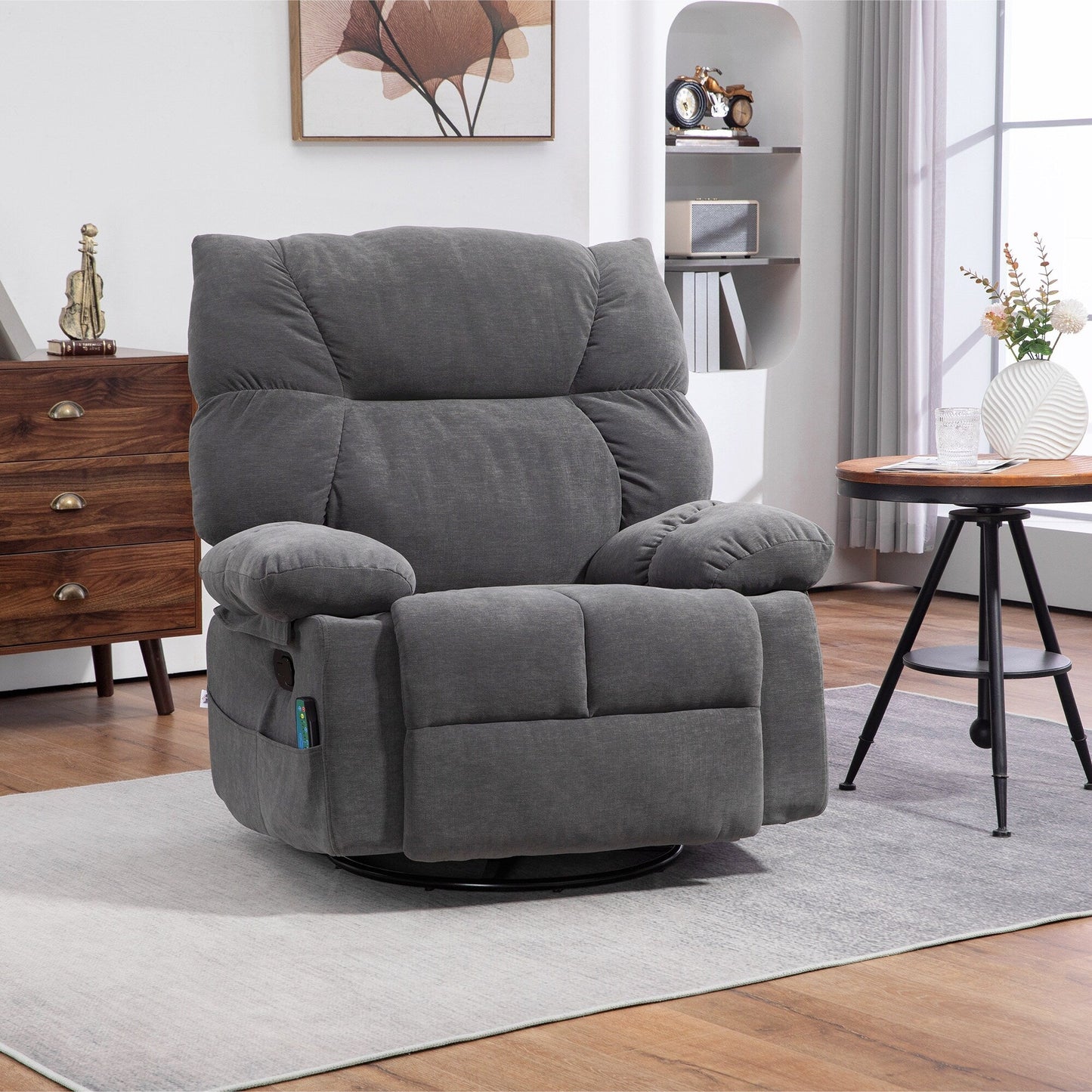 Grey Swivel Manual Recliner Chair with Vibration Massage, Heat, , Footrest, Remote, and 4 Side Pockets