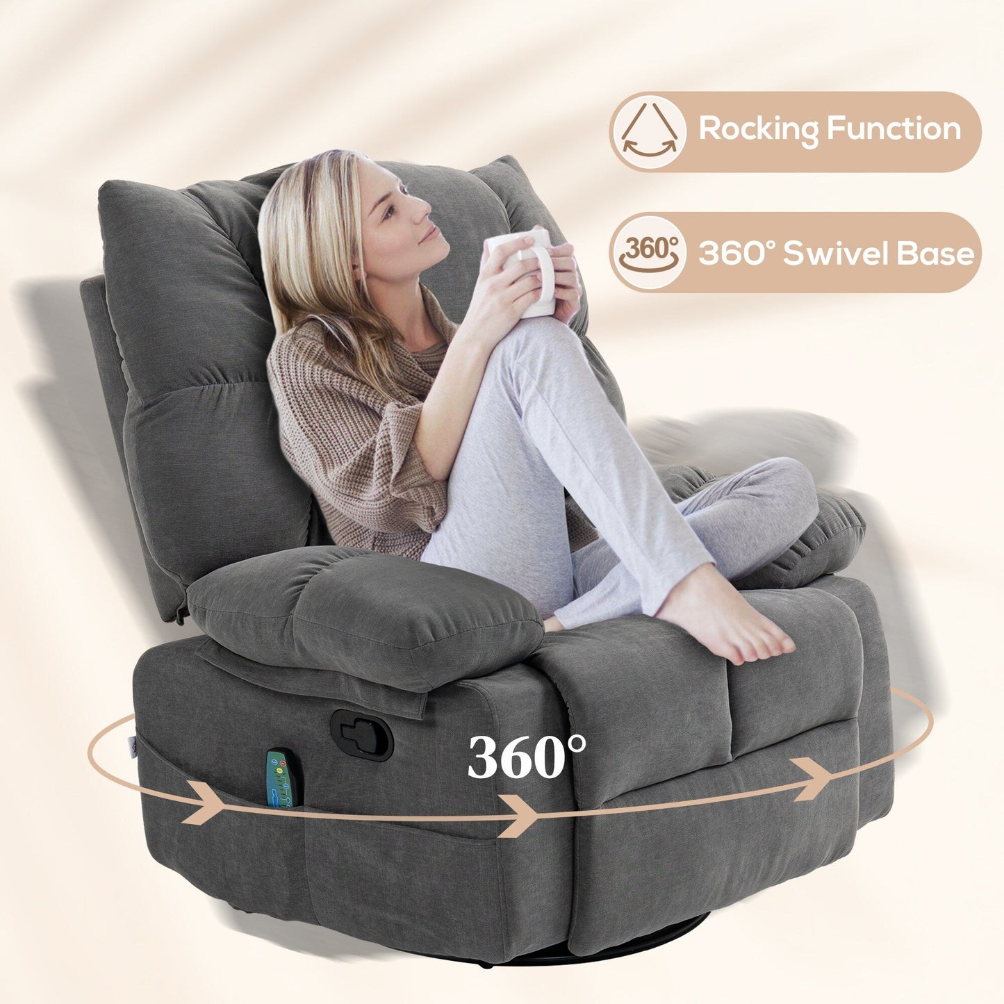 Grey Swivel Manual Recliner Chair with Vibration Massage, Heat, , Footrest, Remote, and 4 Side Pockets