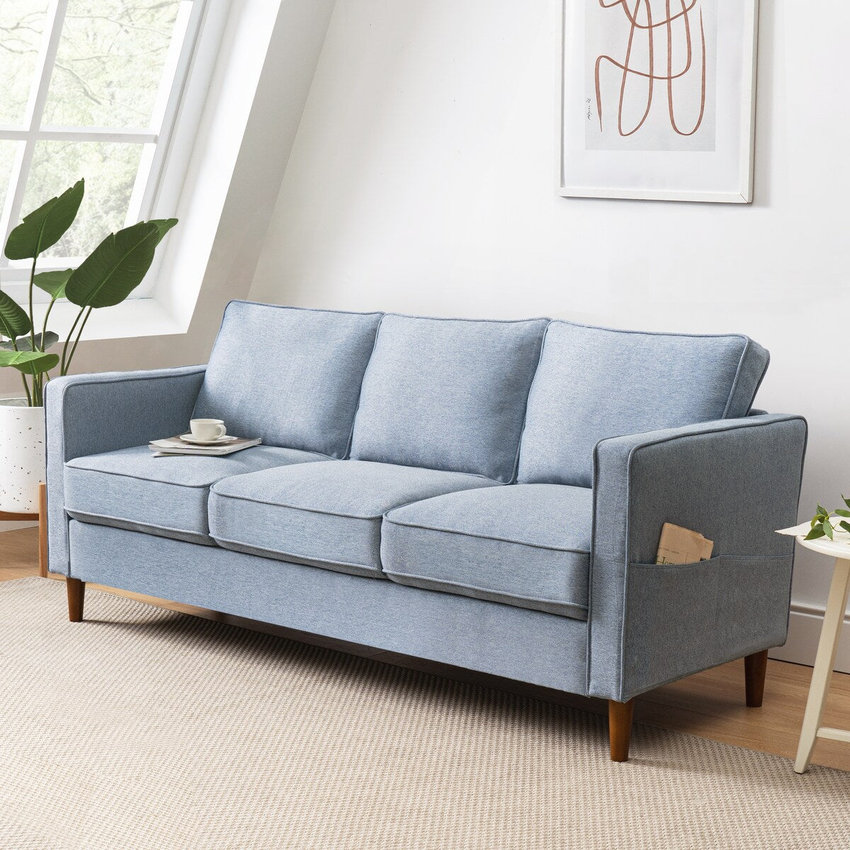 HANA Modern Linen Sofa w/ Arm Pockets by Crown Comfort