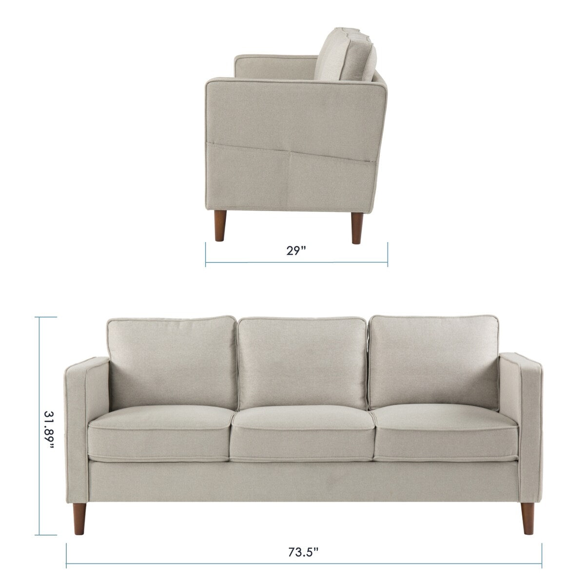 HANA Modern Linen Sofa w/ Arm Pockets by Crown Comfort