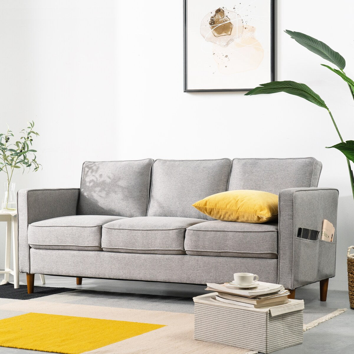 HANA Modern Linen Sofa w/ Arm Pockets by Crown Comfort