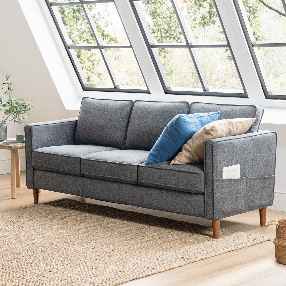HANA Modern Linen Sofa w/ Arm Pockets by Crown Comfort