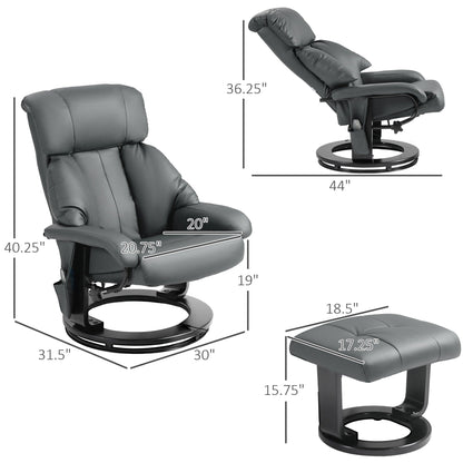 HOMCOM Massage Recliner Chair with Ottoman, 360° Swivel Recliner and Footstool, PU Leather Reclining Chair, Gray