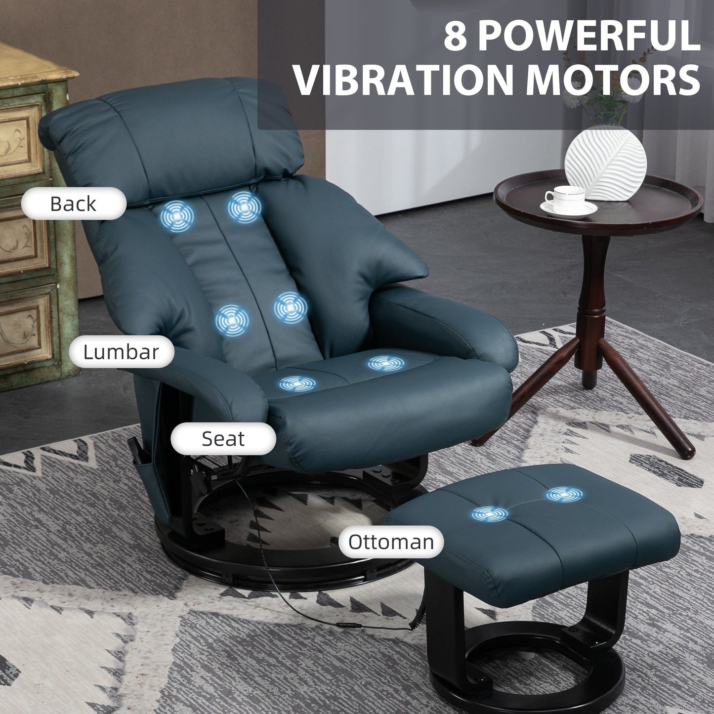 HOMCOM Massage Recliner Chair with Ottoman, 360° Swivel Recliner and Footstool, PU Leather Reclining Chair, Gray