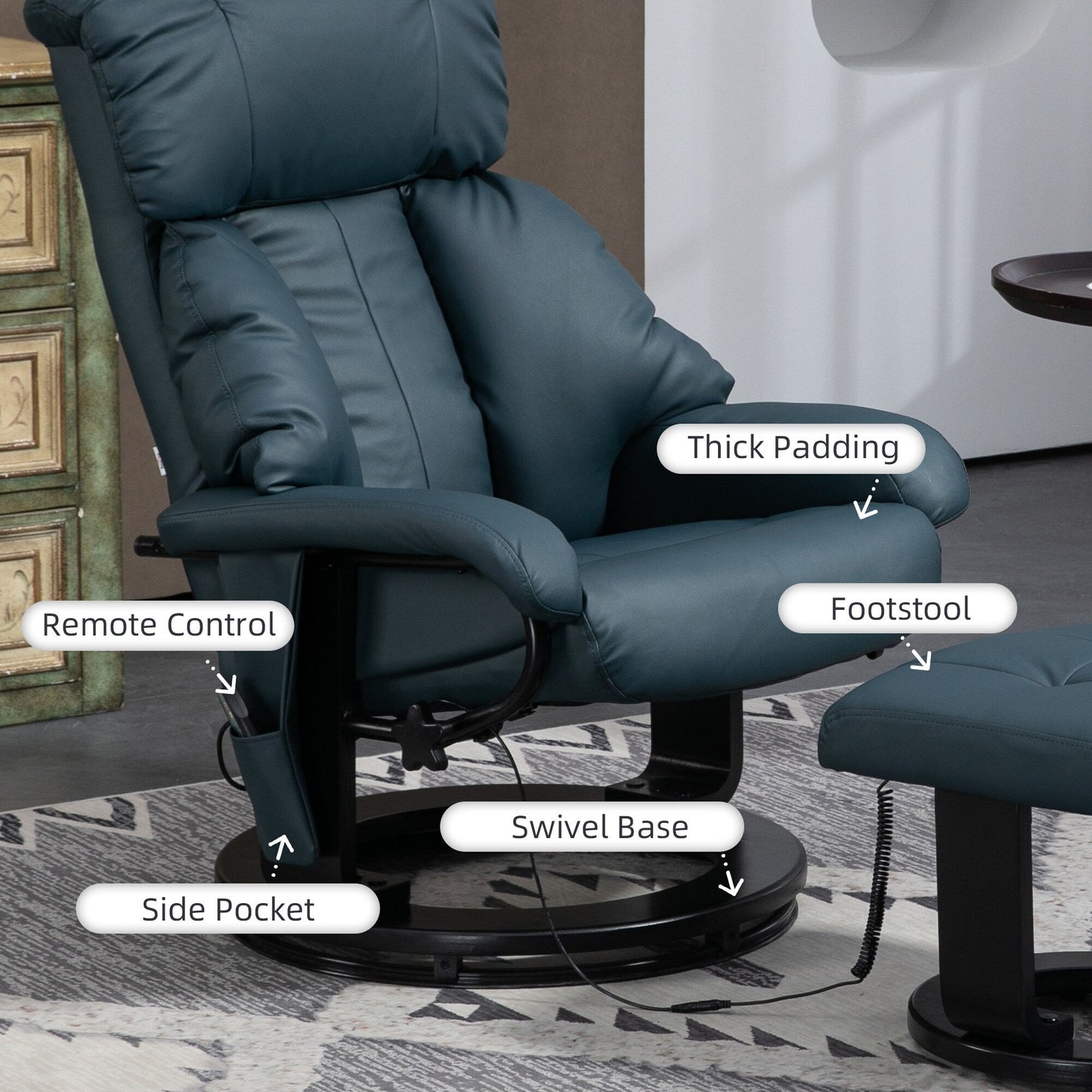 HOMCOM Massage Recliner Chair with Ottoman, 360° Swivel Recliner and Footstool, PU Leather Reclining Chair, Gray