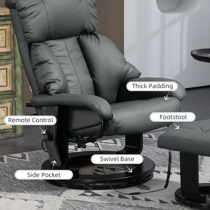 HOMCOM Massage Recliner Chair with Ottoman, 360° Swivel Recliner and Footstool, PU Leather Reclining Chair, Gray
