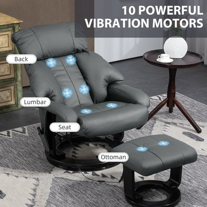 HOMCOM Massage Recliner Chair with Ottoman, 360° Swivel Recliner and Footstool, PU Leather Reclining Chair, Gray