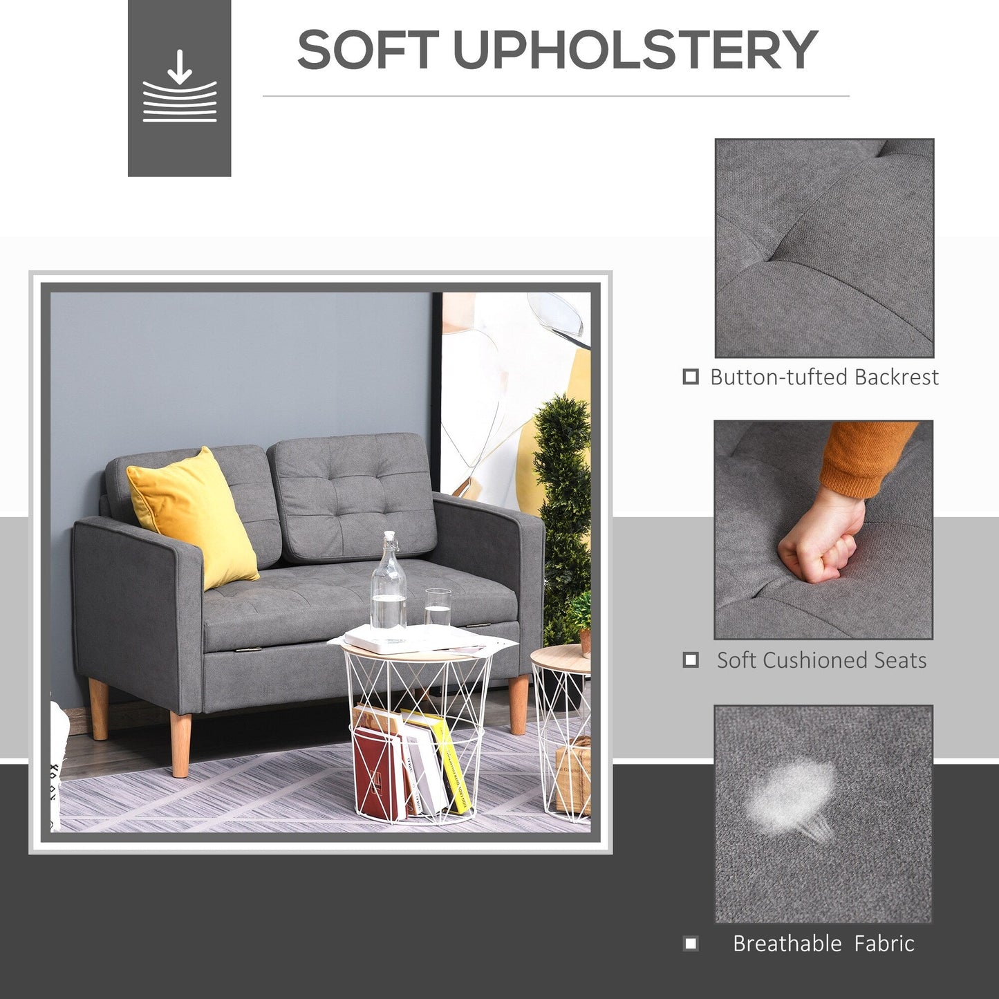 HOMCOM Modern Loveseat Button-tufted Fabric Storage Couch
