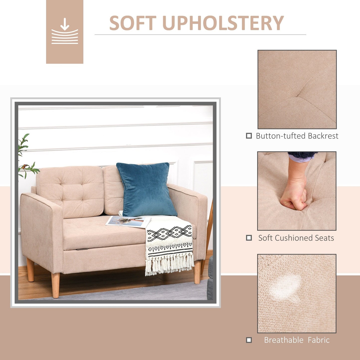 HOMCOM Modern Loveseat Button-tufted Fabric Storage Couch