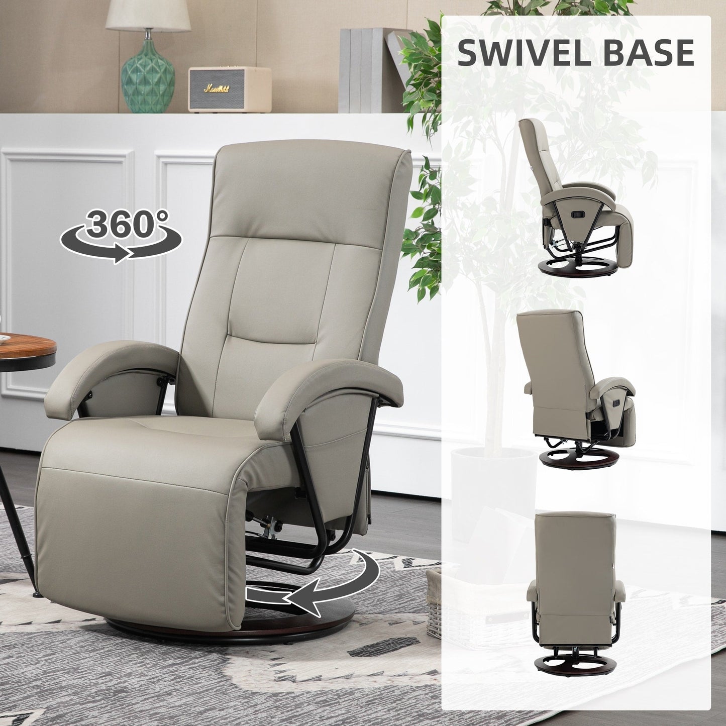HOMCOM PU Recliner with Footrest, Lounge Chair with 135° Adjustable Backrest, Swivel Wood Base