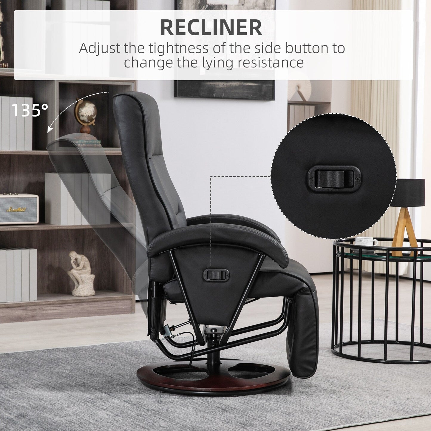 HOMCOM PU Recliner with Footrest, Lounge Chair with 135° Adjustable Backrest, Swivel Wood Base