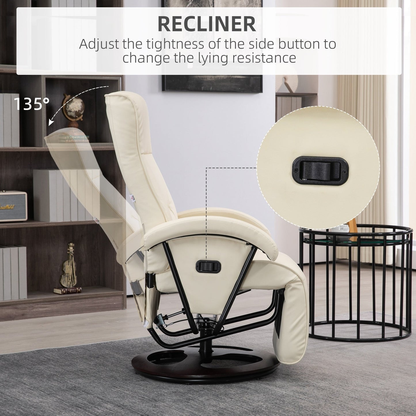 HOMCOM PU Recliner with Footrest, Lounge Chair with 135° Adjustable Backrest, Swivel Wood Base