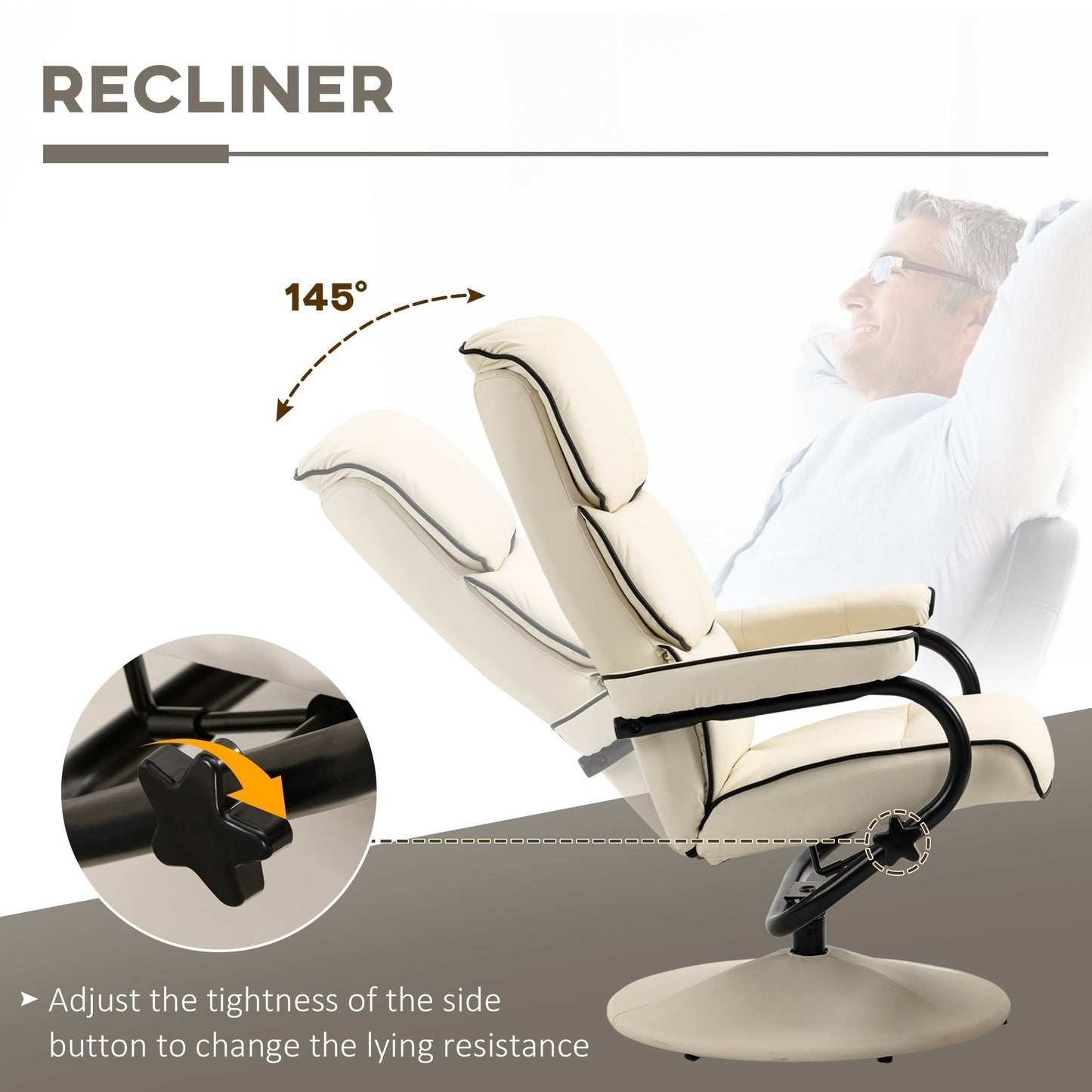 HOMCOM Recliner Chair with Ottoman, Swivel PU Leather High Back Armchair w/ Footrest Stool, 135° Adjustable Backrest