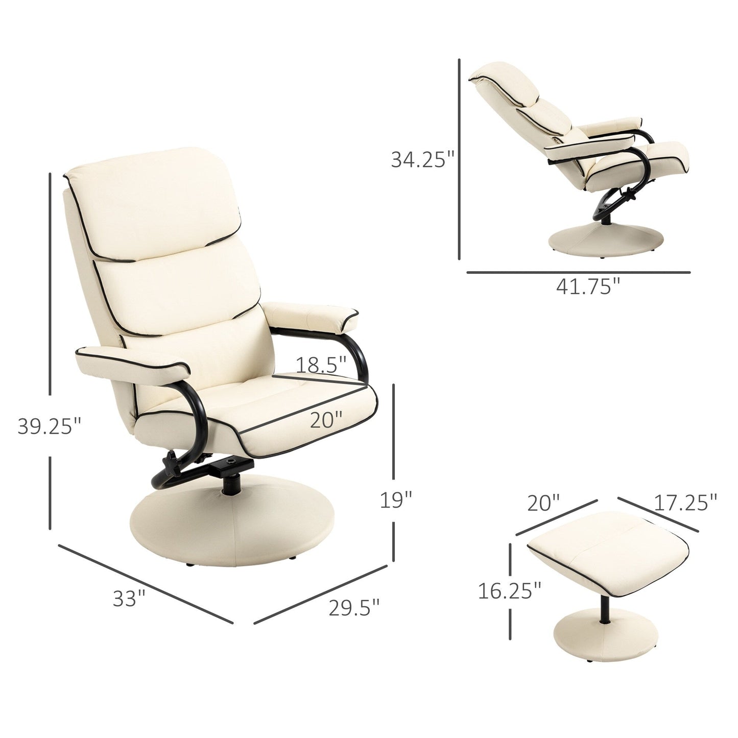 HOMCOM Recliner Chair with Ottoman, Swivel PU Leather High Back Armchair w/ Footrest Stool, 135° Adjustable Backrest