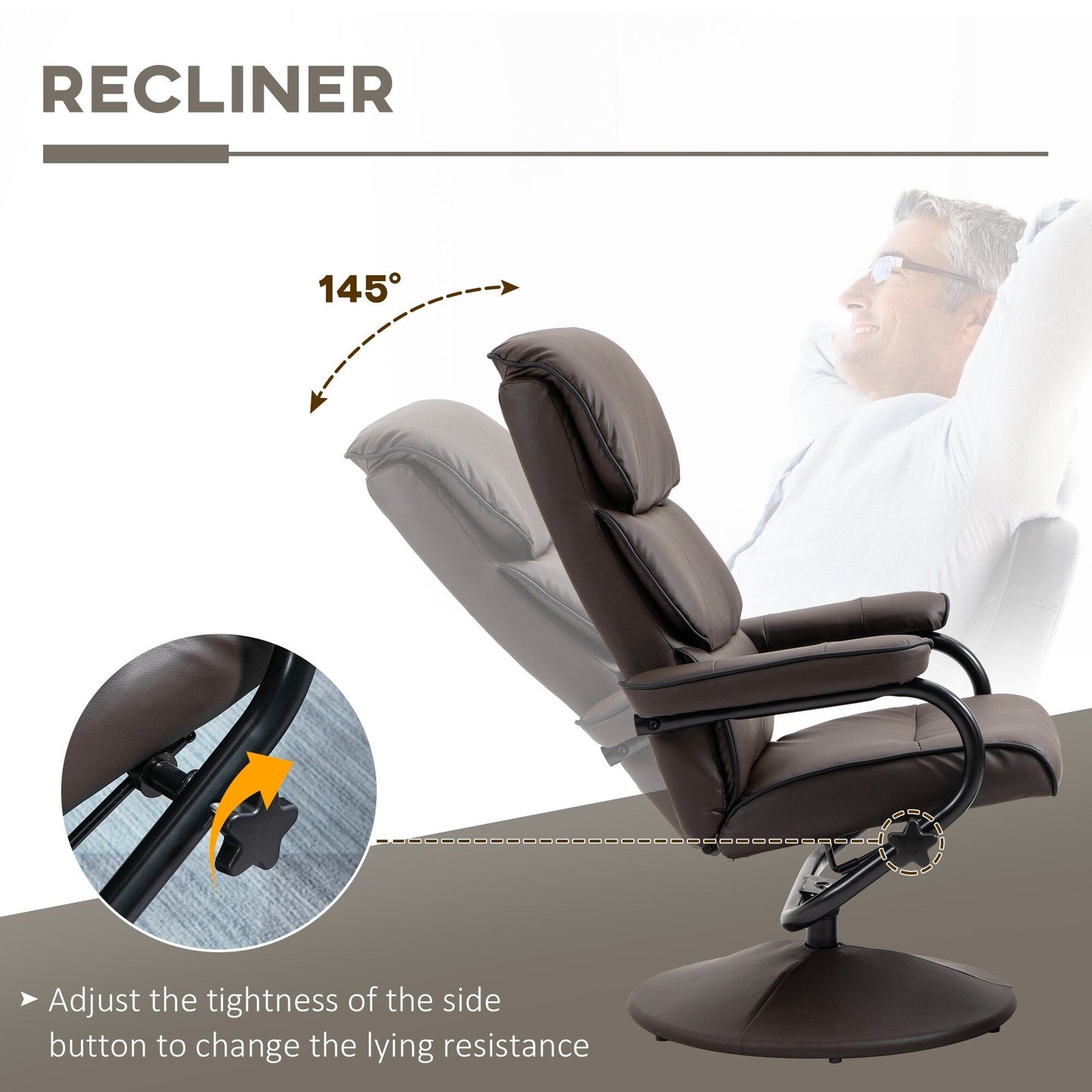 HOMCOM Recliner Chair with Ottoman, Swivel PU Leather High Back Armchair w/ Footrest Stool, 135° Adjustable Backrest