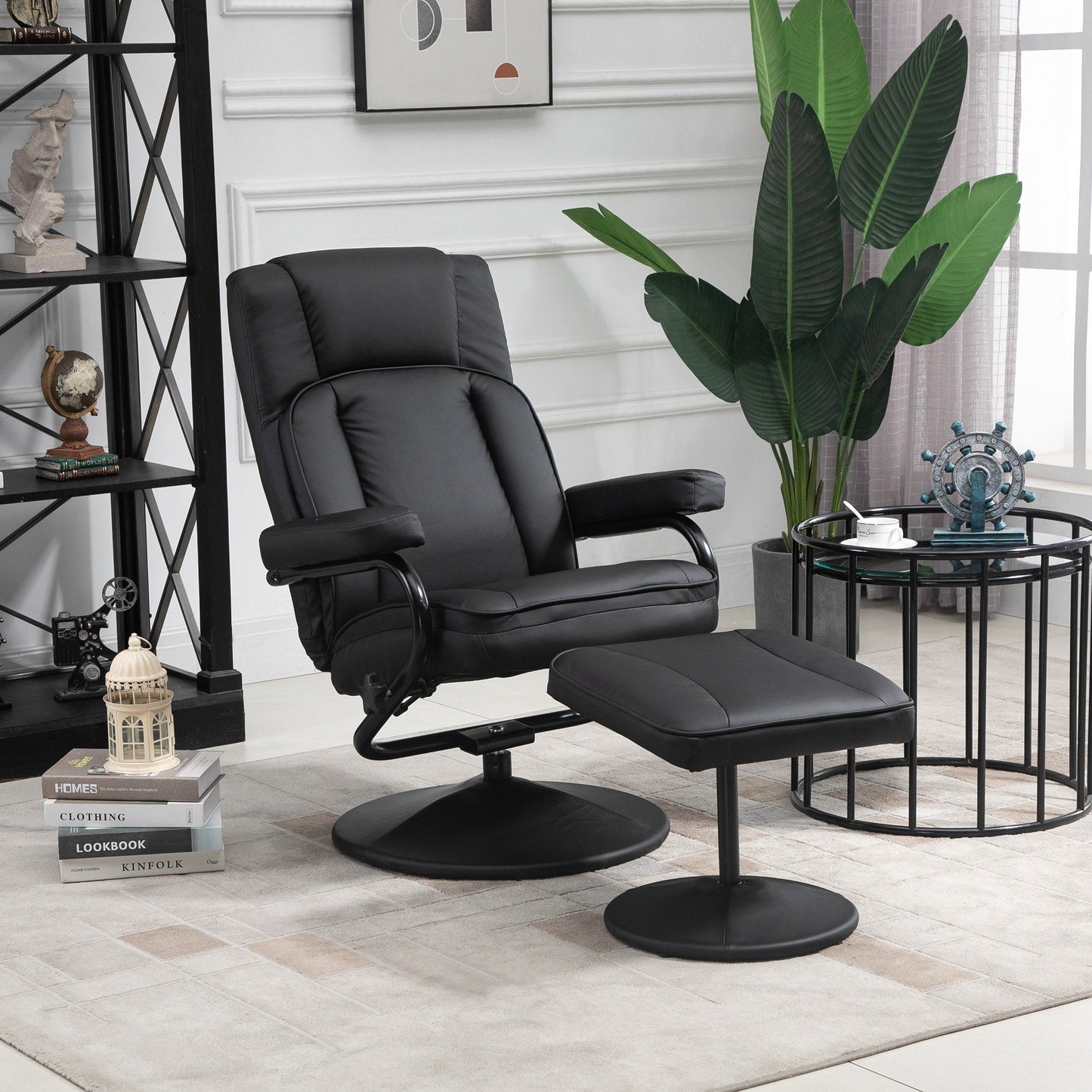 HOMCOM Swivel Recliner, Manual PU Leather Armchair with Ottoman Footrest for Living Room, Office, Bedroom