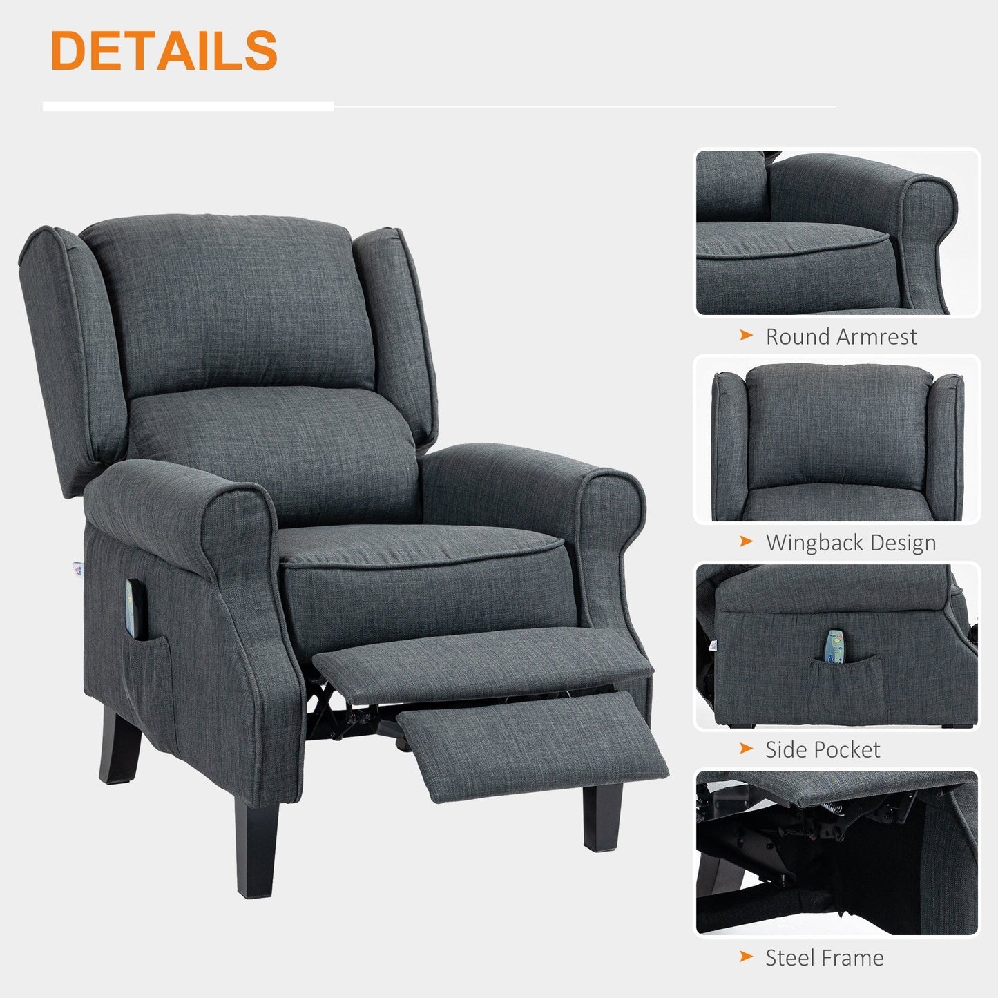HOMCOM Wingback Heated Vibrating Massage Chair,Accent Sofa Upholstered Massage Recliner Chair Push-back with Remote Controller