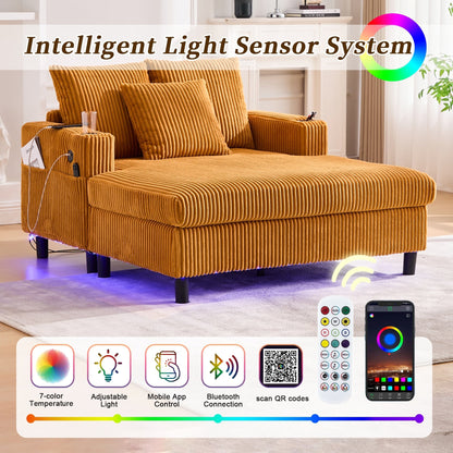HOMEFUN Corduroy Upholstered Oversized RGB LED Light Recliner Sofa Bed with Cup Holder,USB&3 Pillows