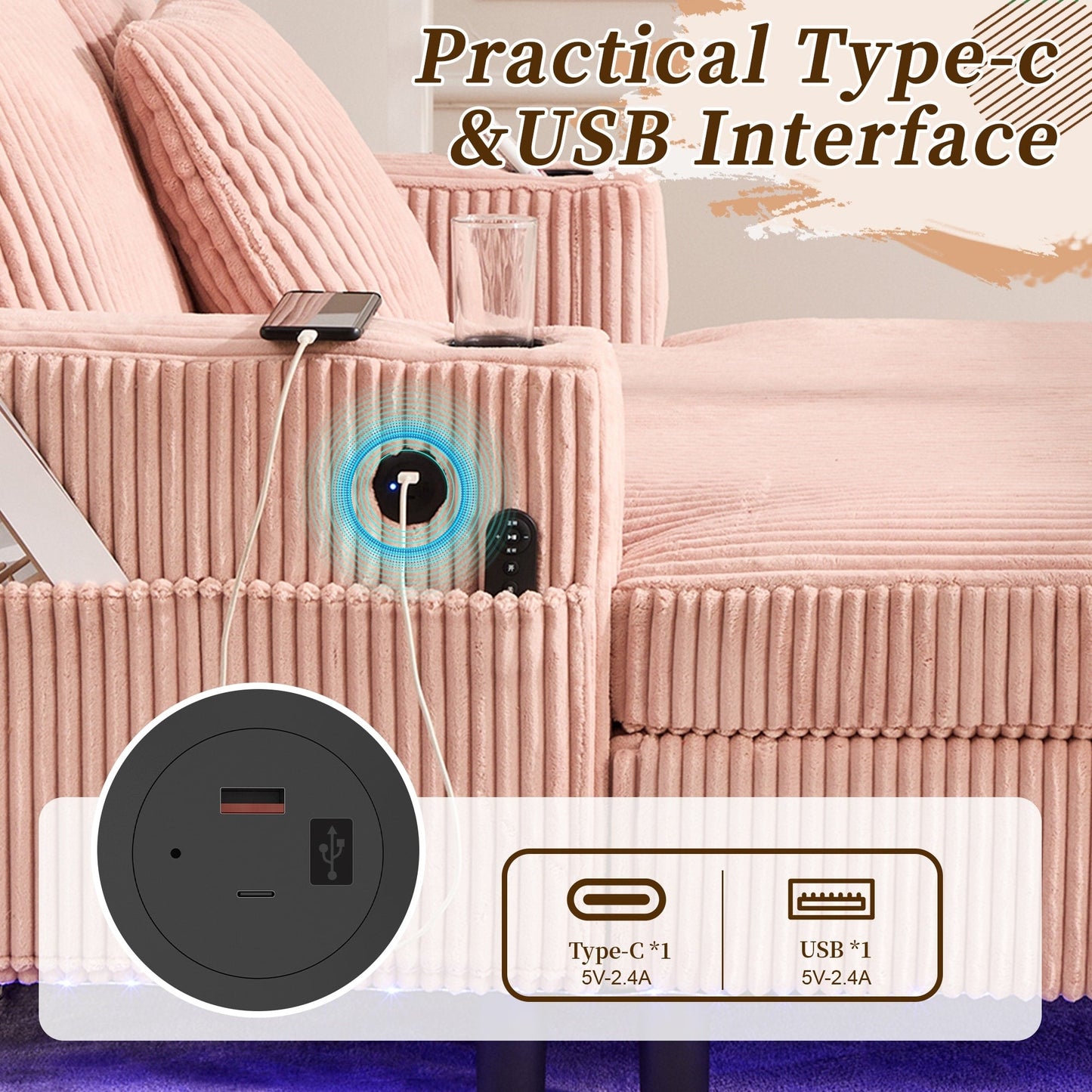 HOMEFUN Corduroy Upholstered Oversized RGB LED Light Recliner Sofa Bed with Cup Holder,USB&3 Pillows