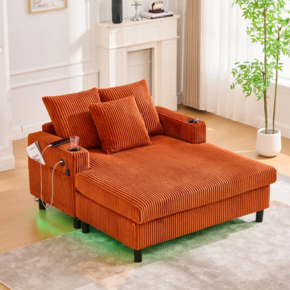 HOMEFUN Corduroy Upholstered Oversized RGB LED Light Recliner Sofa Bed with Cup Holder,USB&3 Pillows