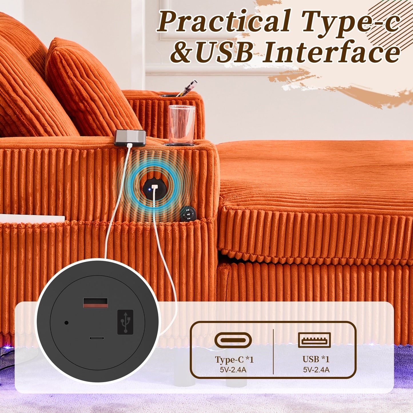 HOMEFUN Corduroy Upholstered Oversized RGB LED Light Recliner Sofa Bed with Cup Holder,USB&3 Pillows